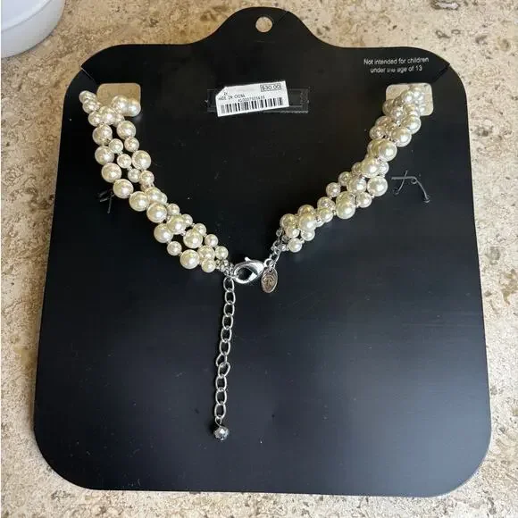 Charming Charlie RSVP Silver Tone Black Rhinestone Pearl Statement Necklace NWT - Picture 2 of 2